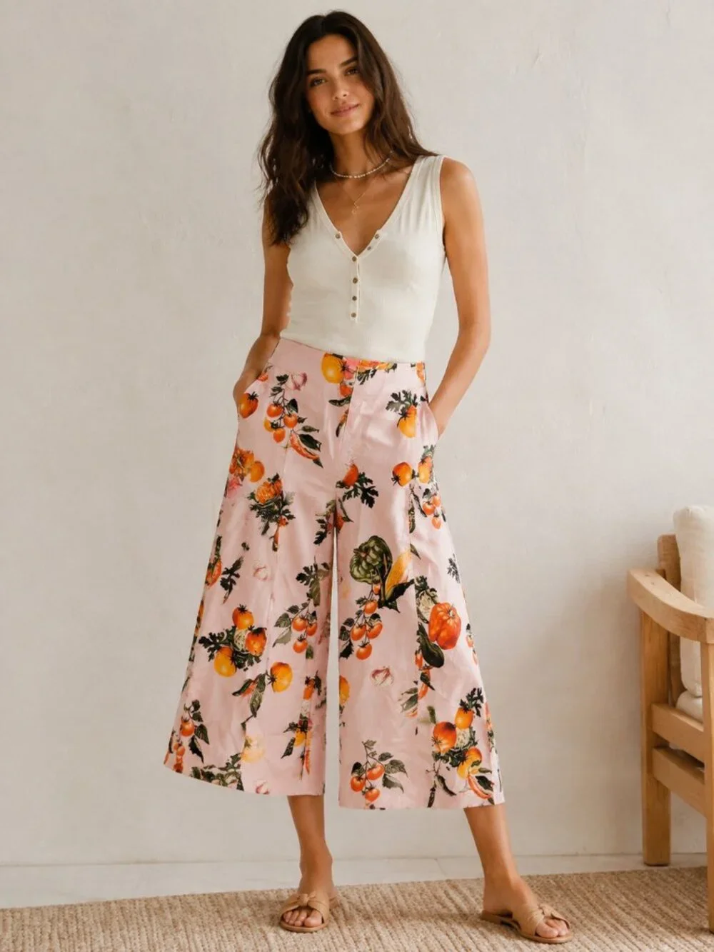 Anthropologie Maeve High-Rise Print Crop Wide-Leg Pants Pink Veggie Size 4 NWT